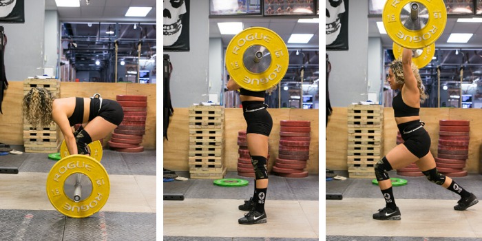 Three photos of Stephanie performing a clean and jerk lift. 